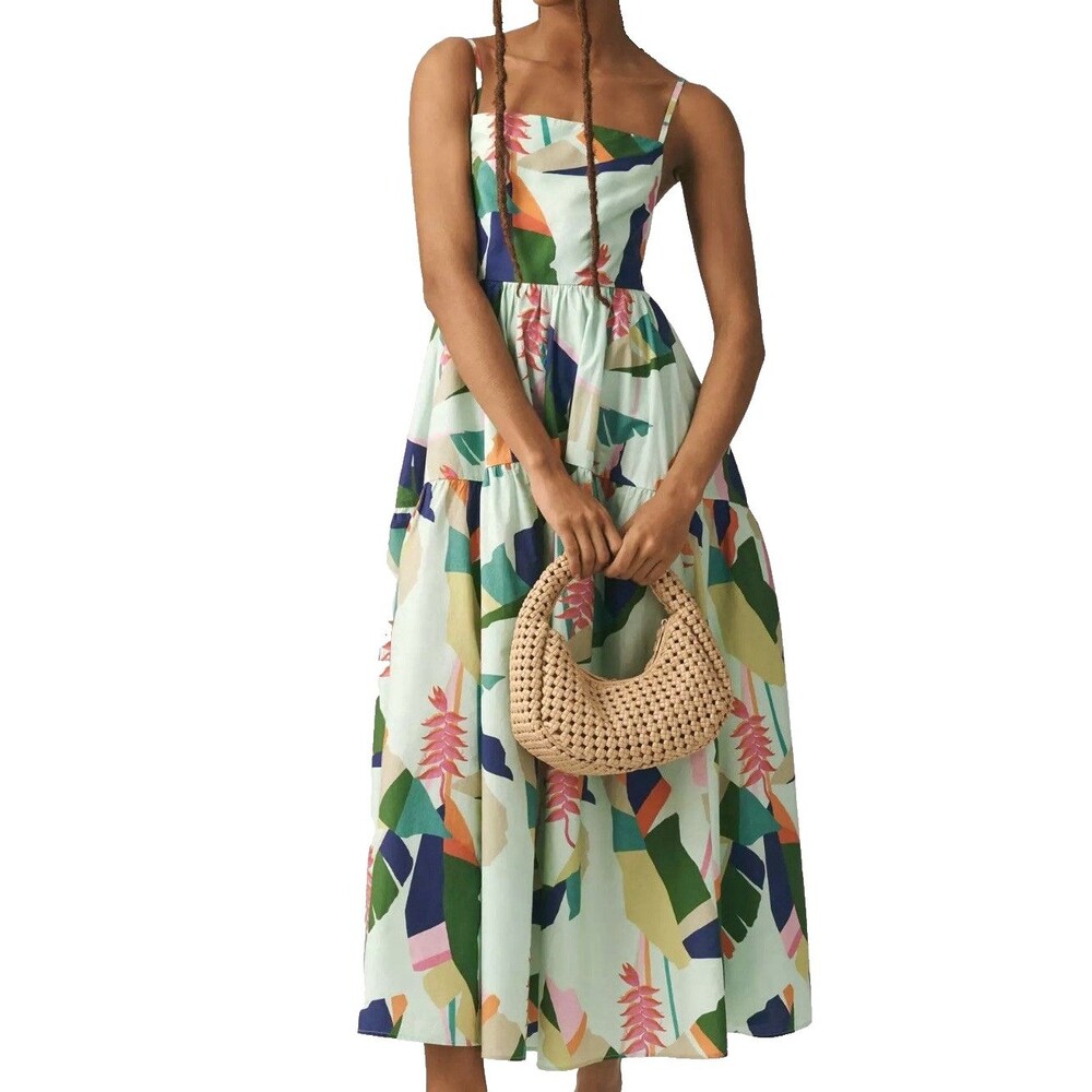 Farm Rio Tie Back Dress Anthropologie Square Neck Tiered Tropical Cotton Sz XXS